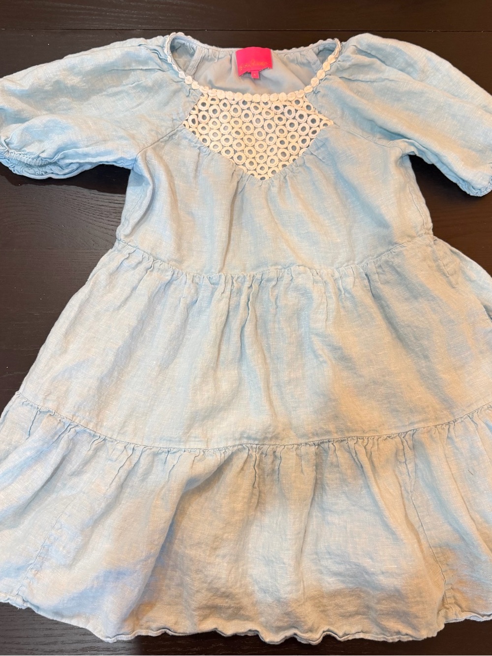 Light Blue Tiered Dress with Crochet Yoke